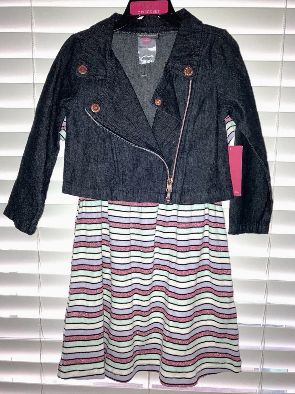 Toddler Girls Vince Camuto Jean Jacket Striped Dress 2-Piece Set 3T Sparkly